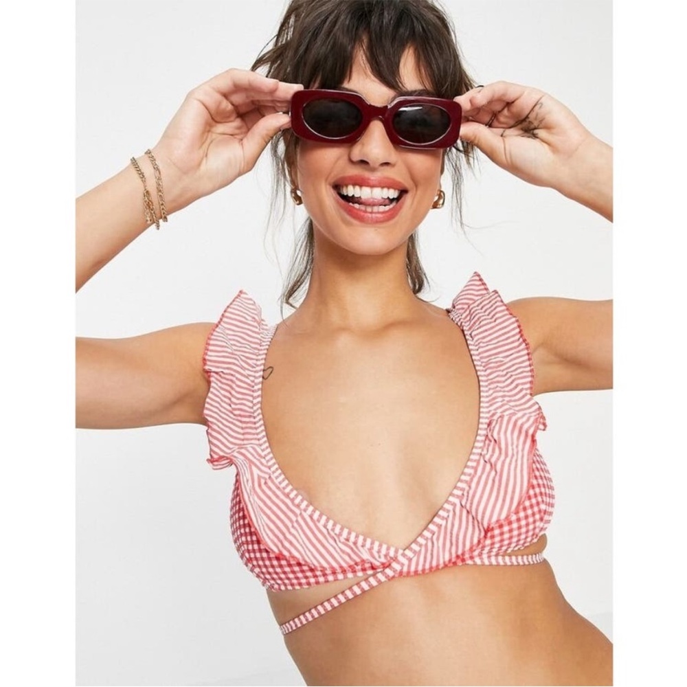 Aerie Seersucker Ruffle Wrap Scoop Bikini Top Small Women’s Mascot Red NWT